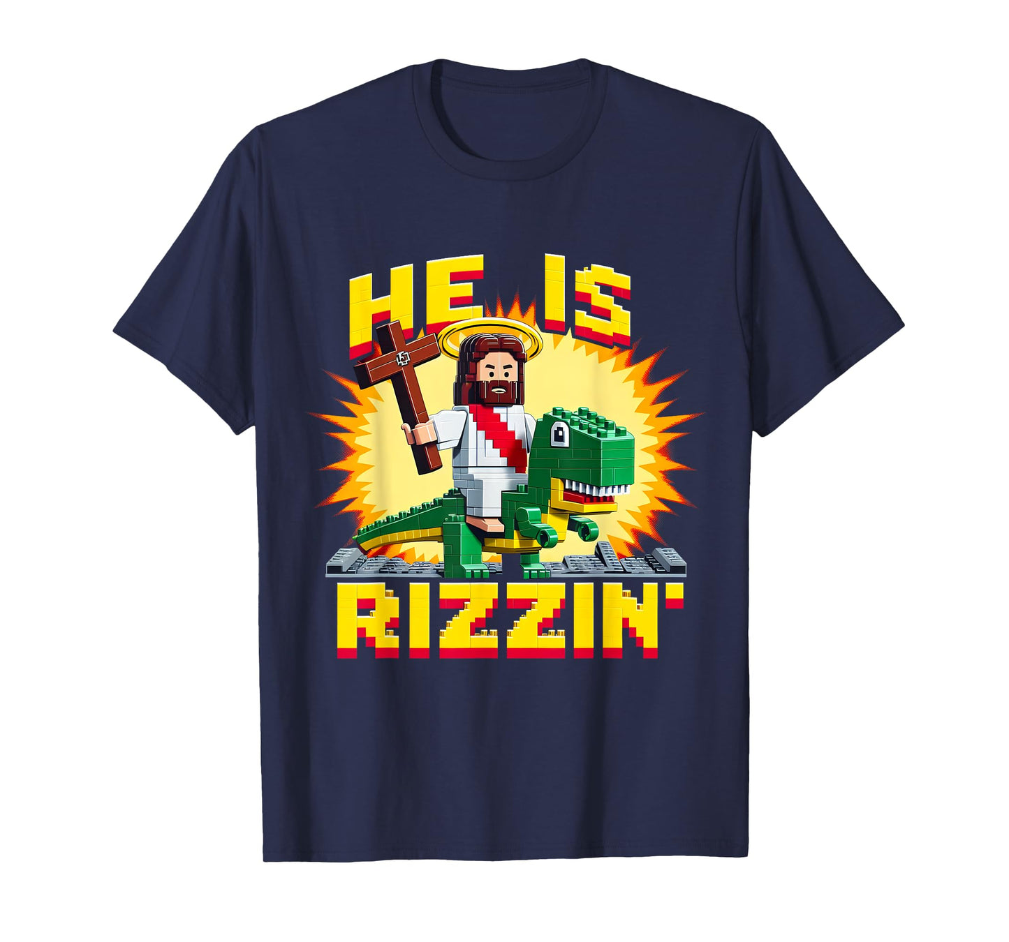 He Is Rizzen Jesus Has Rizzen Retro Christian Pixel Dinosaur T-Shirt