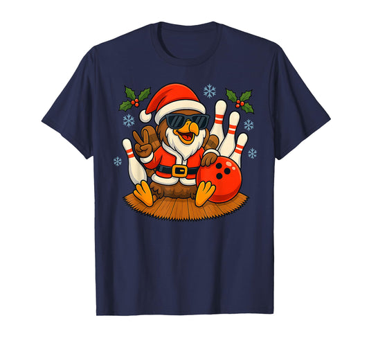 Cute Santa Turkey Bowling Christmas Funny Holiday Vibes T-Shirt