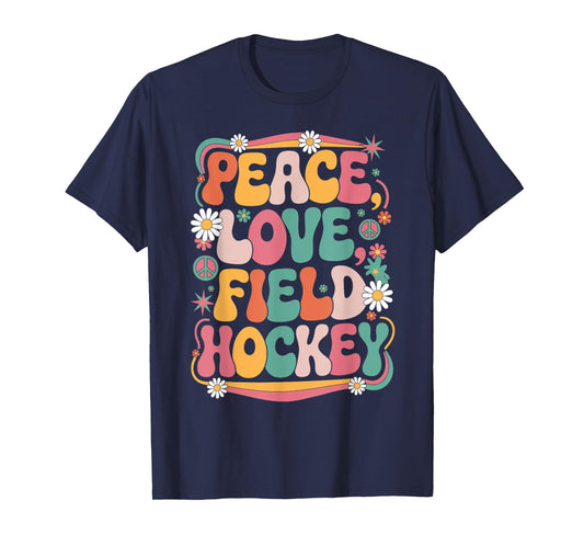 Peace Love Field Hockey 70s Hippie Retro Field hockey player T-Shirt