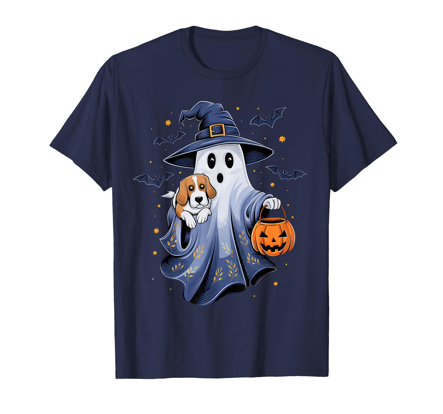Ghost Witch Holding Beagle Dog Pumpkins Vintage Halloween T-Shirt