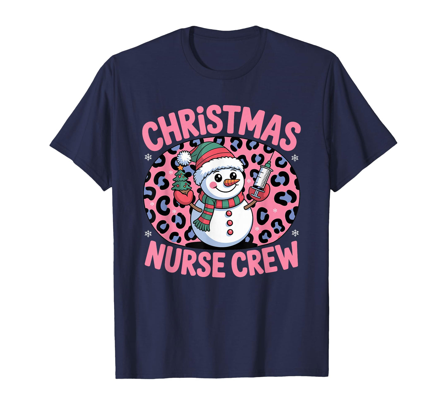 Nurse Christmas Crew Snowman Pink Leopard Print T-Shirt
