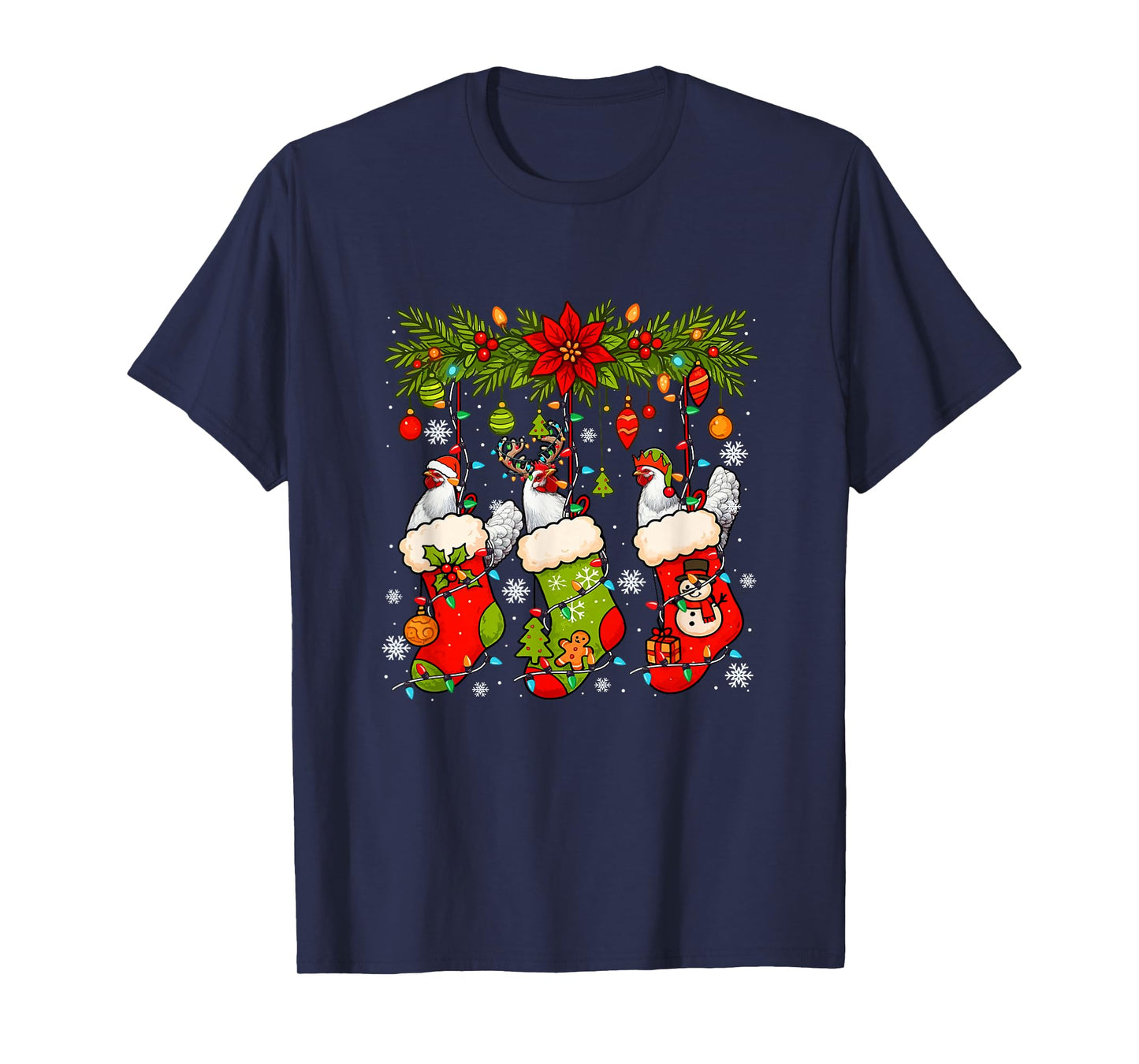 Three Santa Elf Reindeer Chickens in Xmas Colorful Socks T-Shirt