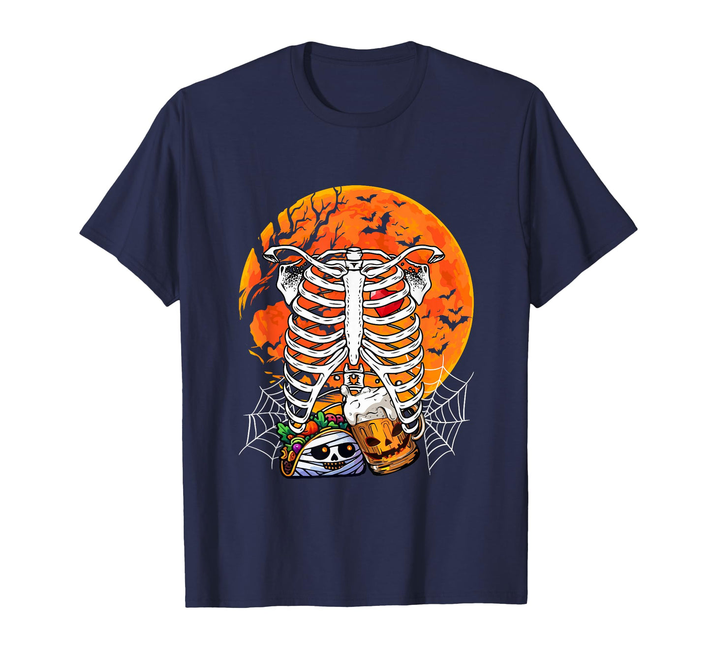 Horror Beer Taco Inside Rib Cage X-ray Skeleton Halloween T-Shirt