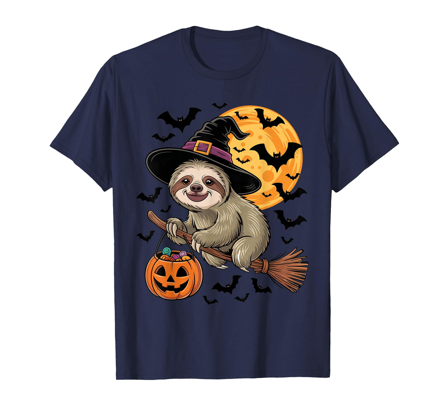 Cute Sloth Witch Hat on Broom Halloween Pumpkin Candy Bucket T-Shirt