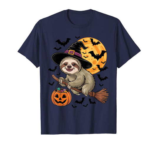Cute Sloth Witch Hat on Broom Halloween Pumpkin Candy Bucket T-Shirt