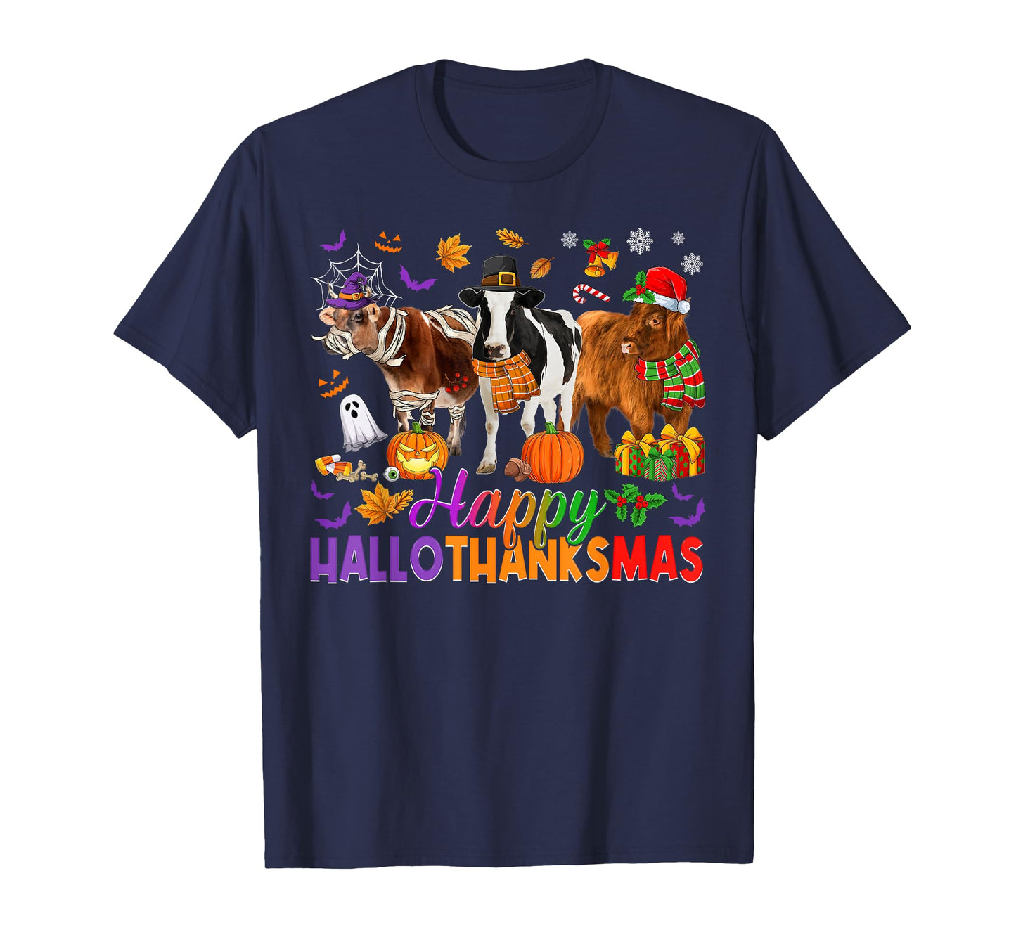 Happy Hallothanksmas Halloween Thanksgiving Christmas Cows T-Shirt