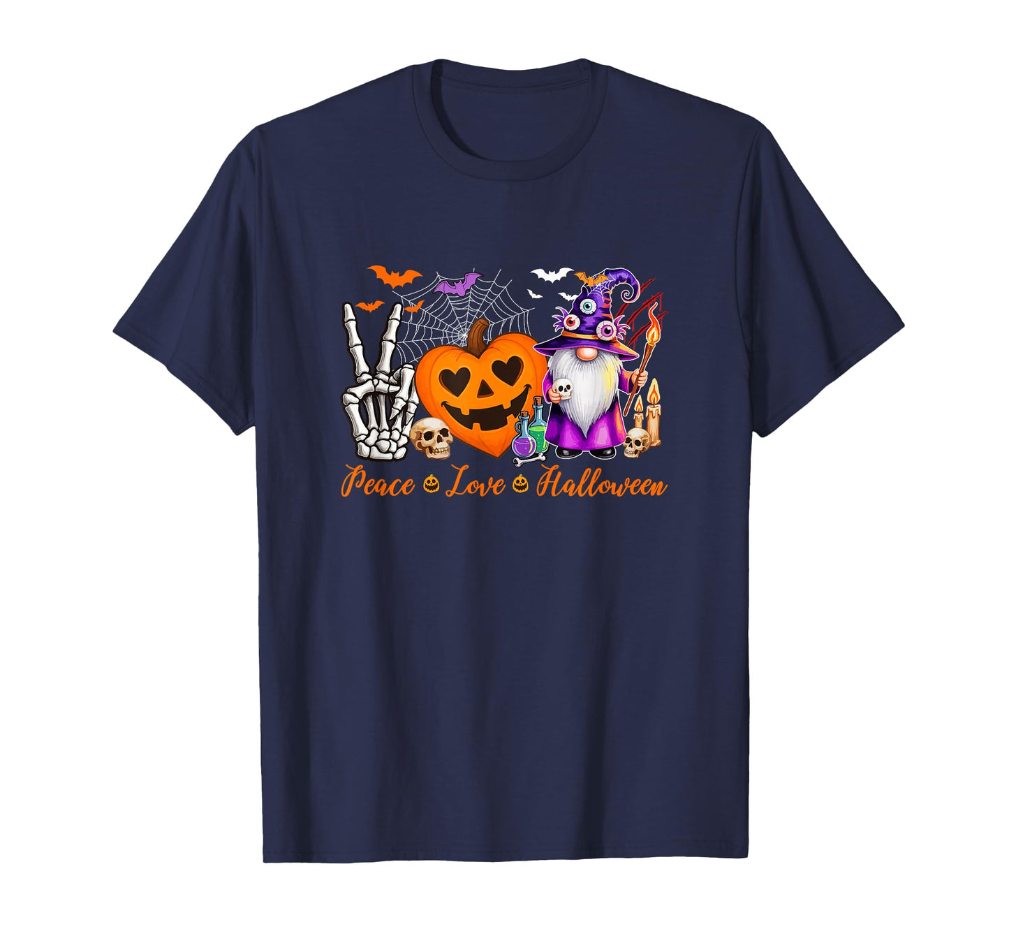 Peace Love Halloween Gnome Horror Carved Pumpkin Cute Heart T-Shirt