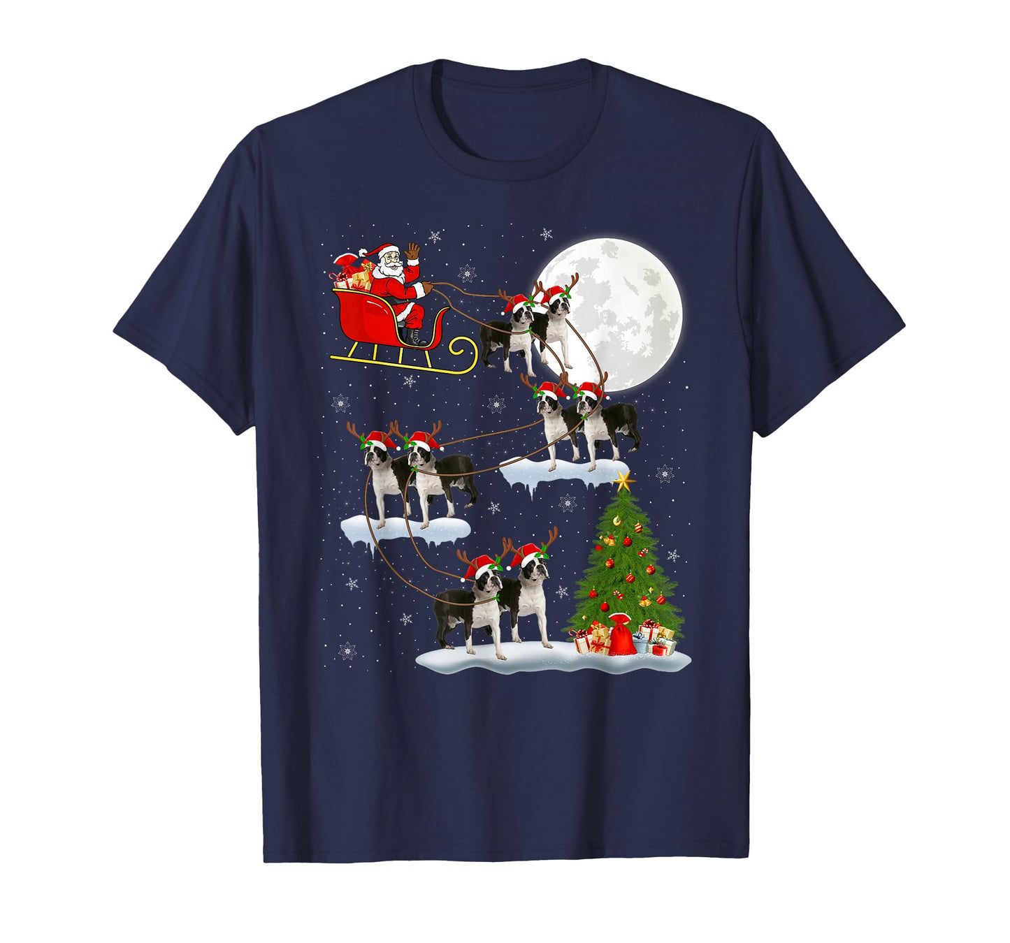 Boston Terrier Dog Santa Sleigh Flying Funny Christmas T-Shirt