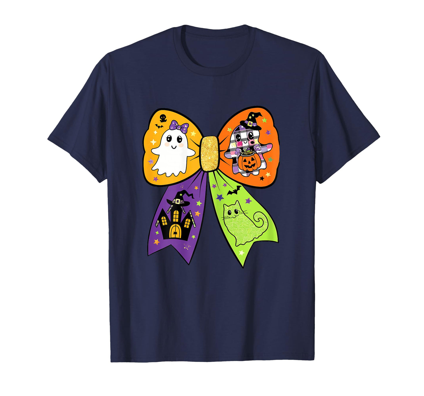 Kawaii Halloween Bow with Cute Ghost Witch Cat & Pumpkin T-Shirt