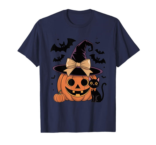 Fall Season Pumpkin Witch Hat Bow Halloween T-Shirt