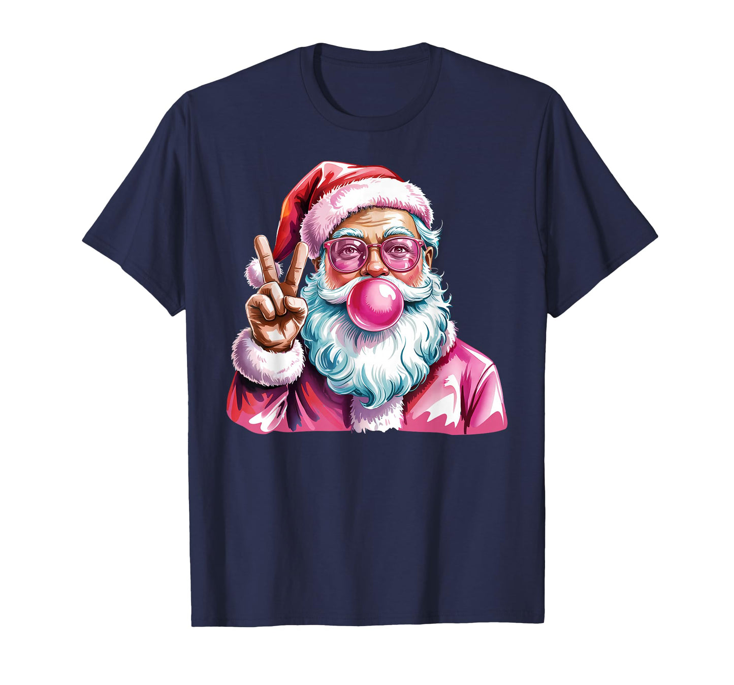 Christmas Peace Sign Hand Santa Claus Pink Bubble Gum Xmas T-Shirt
