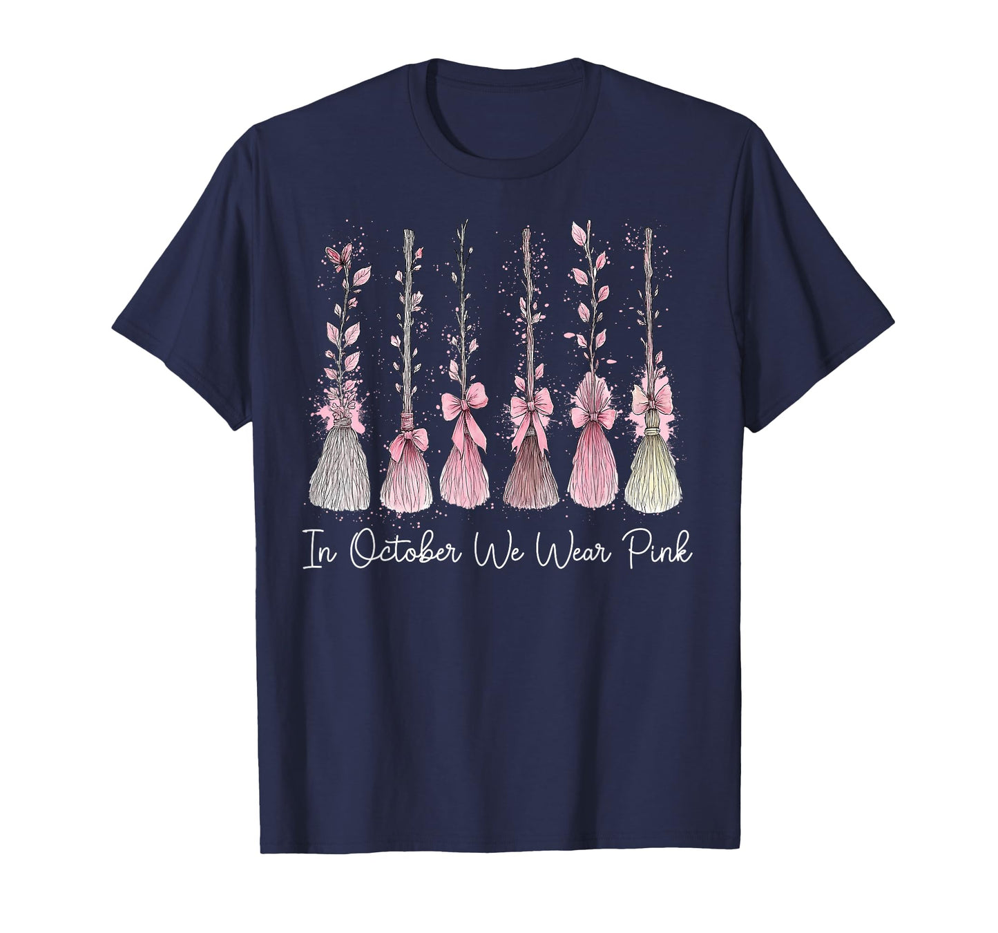 in October We Wear Pink Witch Broom Halloween Breast Cancer T-Shirt