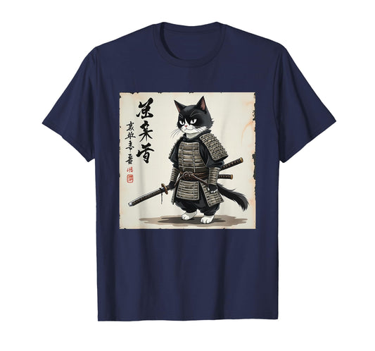 samurai cat graphic warrior art tee Japanese anime men women T-Shirt
