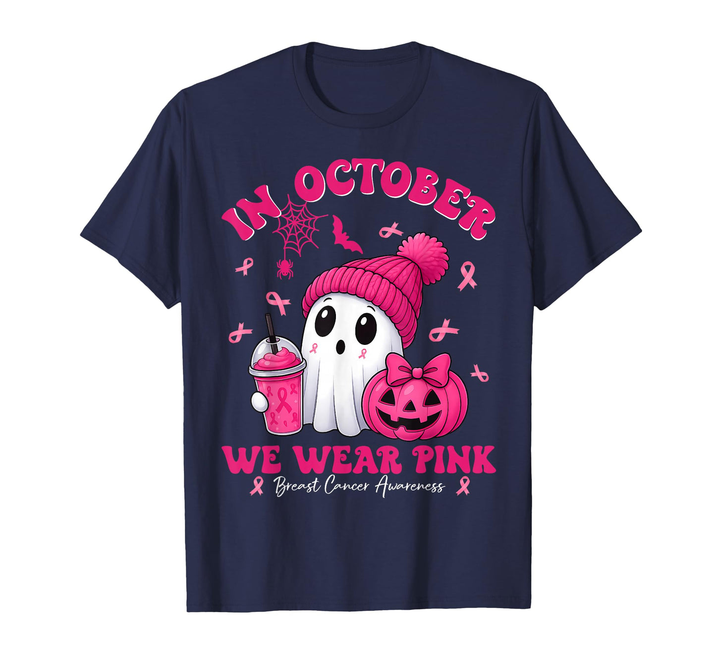 in October We Wear Pink Ghost Witch Breast Cancer Awareness T-Shirt