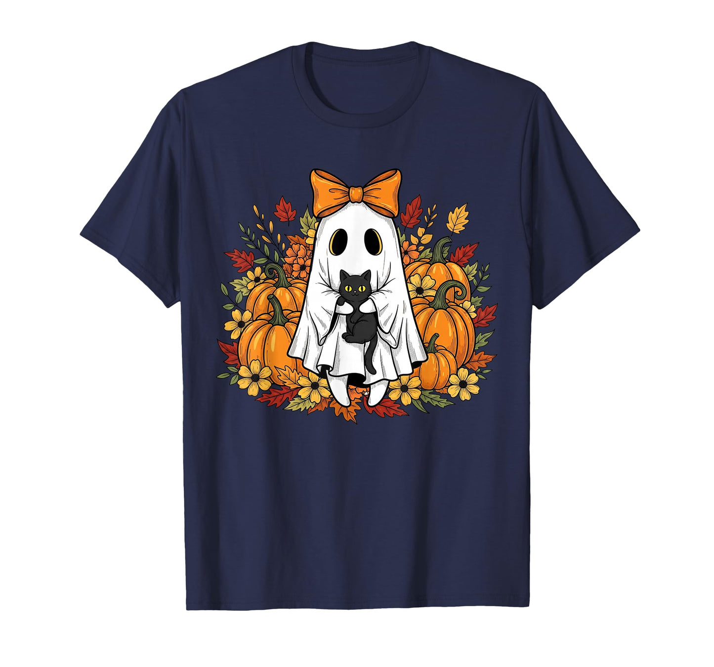 Vintage Halloween Ghost Holding Black Cat Groovy Floral T-Shirt