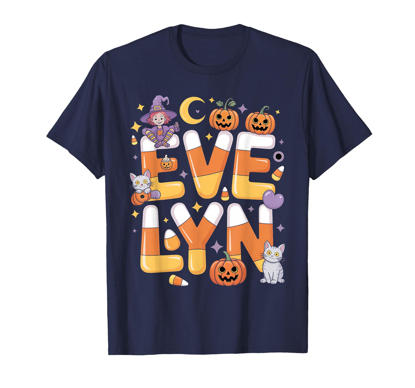 Evelyn Witch Candy Corn Cat Halloween Women and Girls T-Shirt