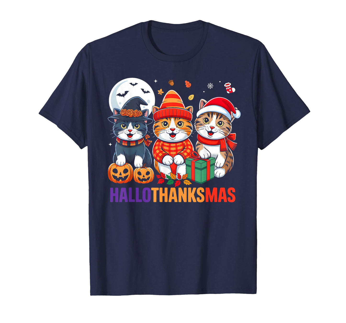 Cat Halloween Thanksgiving Christmas Happy HalloThanksMas T-Shirt