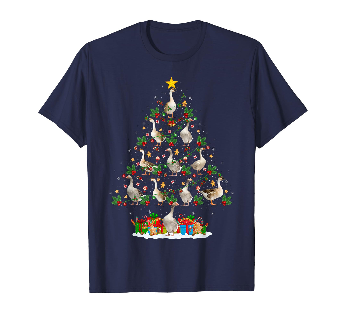Goose Christmas Tree Lights Decor Funny Santa Hat Birds Xmas T-Shirt