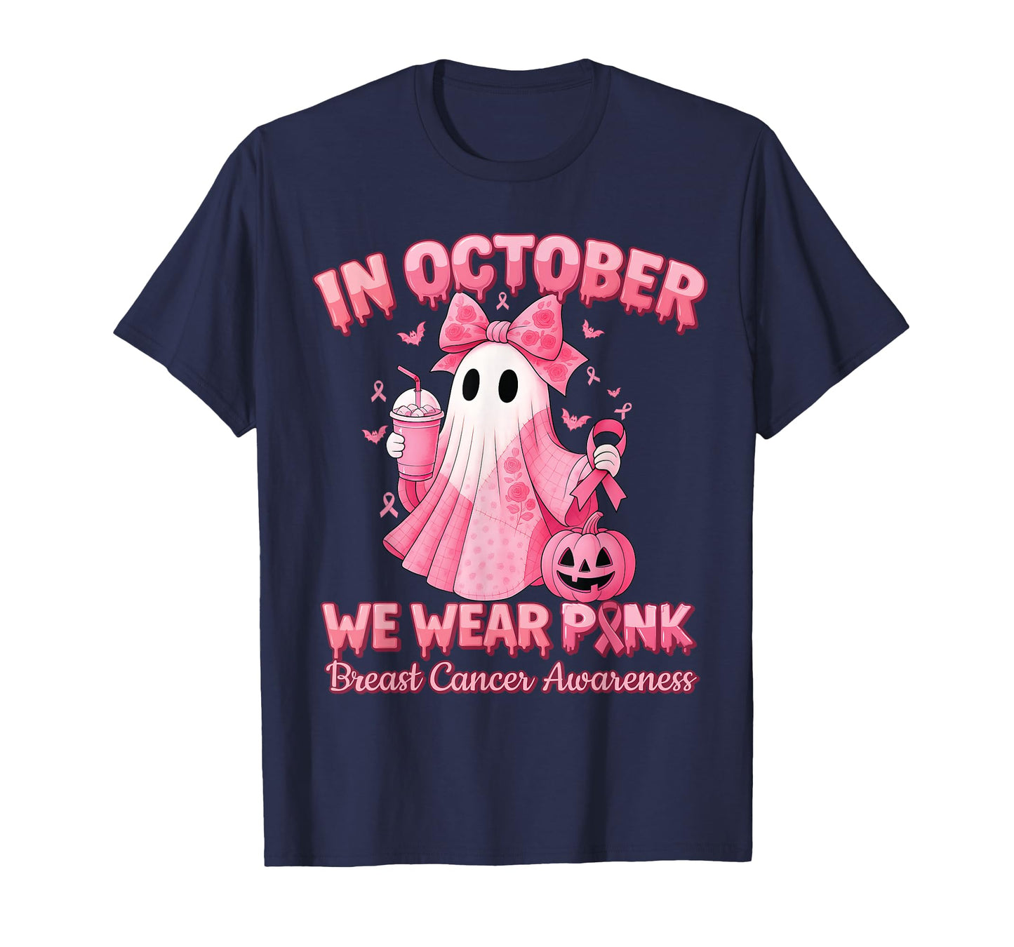 in October We Wear Pink Ghost Witch Breast Cancer Awareness T-Shirt