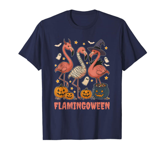 Flamingoween Halloween Flamingo Skeleton Witch Design T-Shirt
