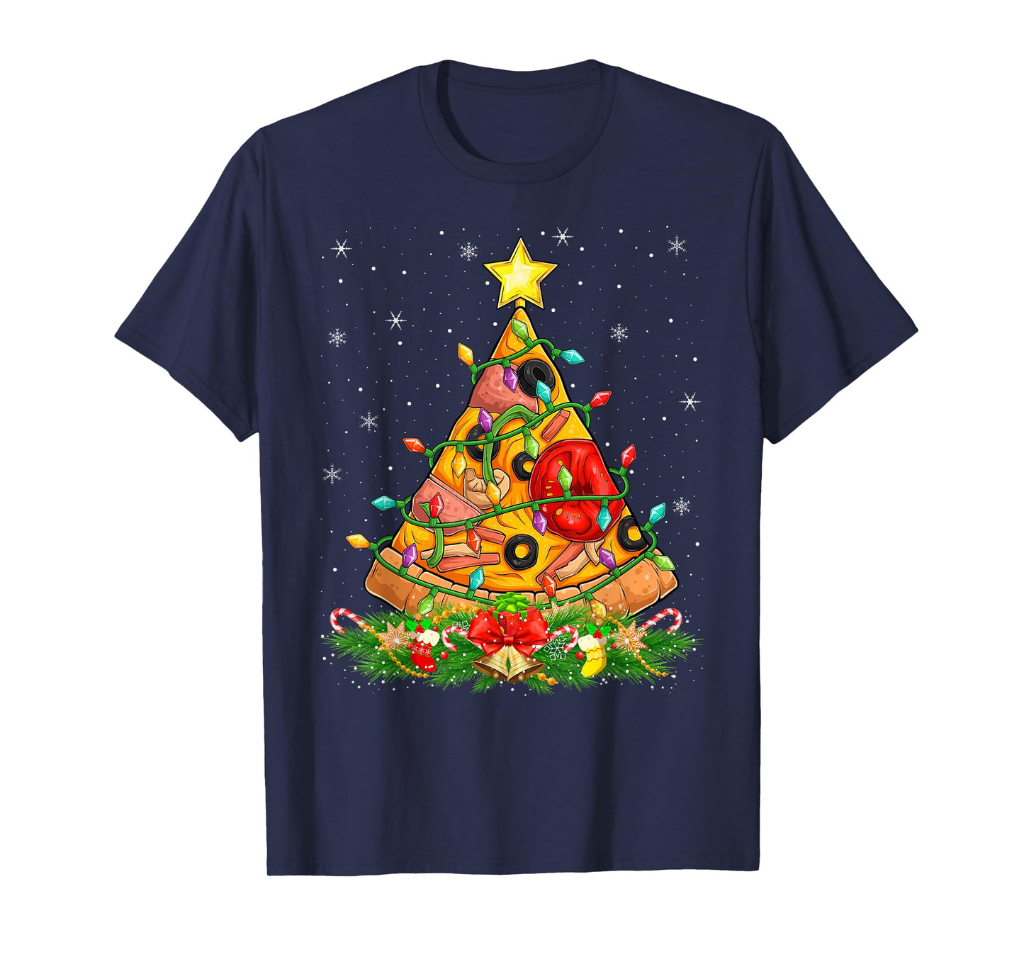 Pizza Christmas Tree Lights Funny Fast Food Pizza Lover Xmas T-Shirt