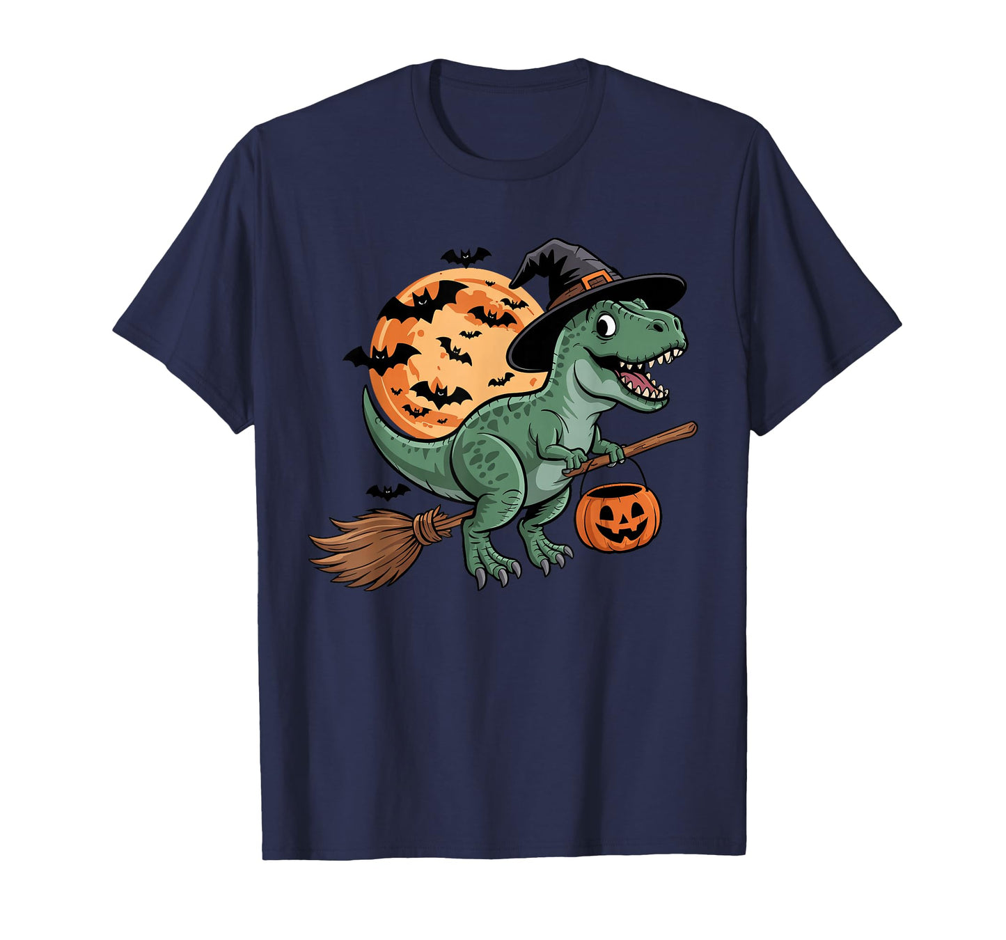 Halloween Dinosaur Witch Hat and Broom Pumpkin Candy Bucket T-Shirt