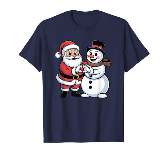 Santa Claus and Snowman Heart Hand Sign Christmas Kids Women T-Shirt