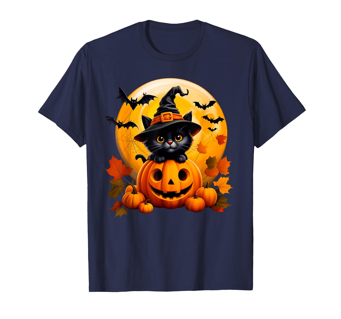 Black Witch cat with Pumpkins Bats for Autumn Fall Halloween T-Shirt
