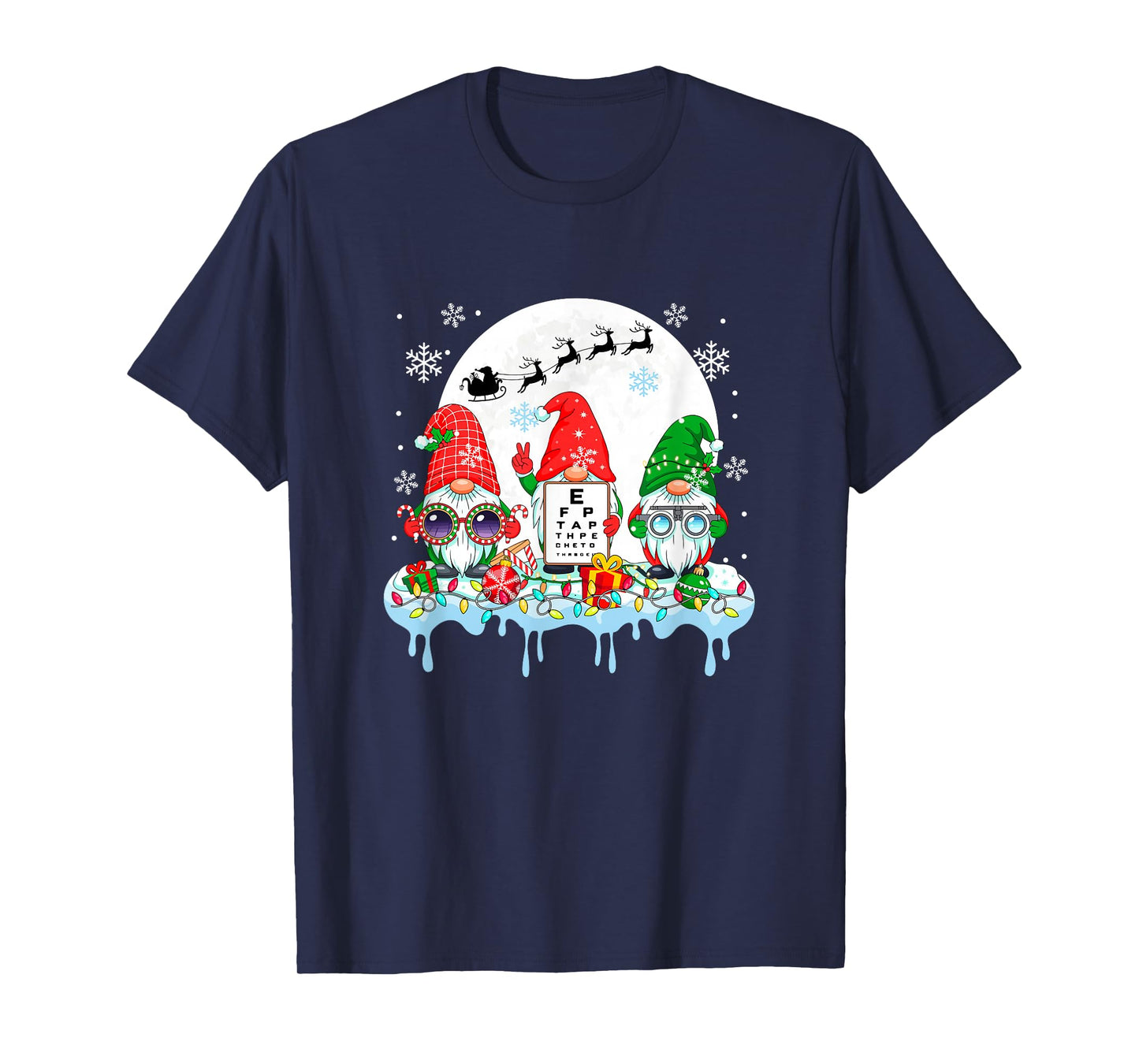 Three Colorful Gnomes with Optical Technician Tools Xmas T-Shirt