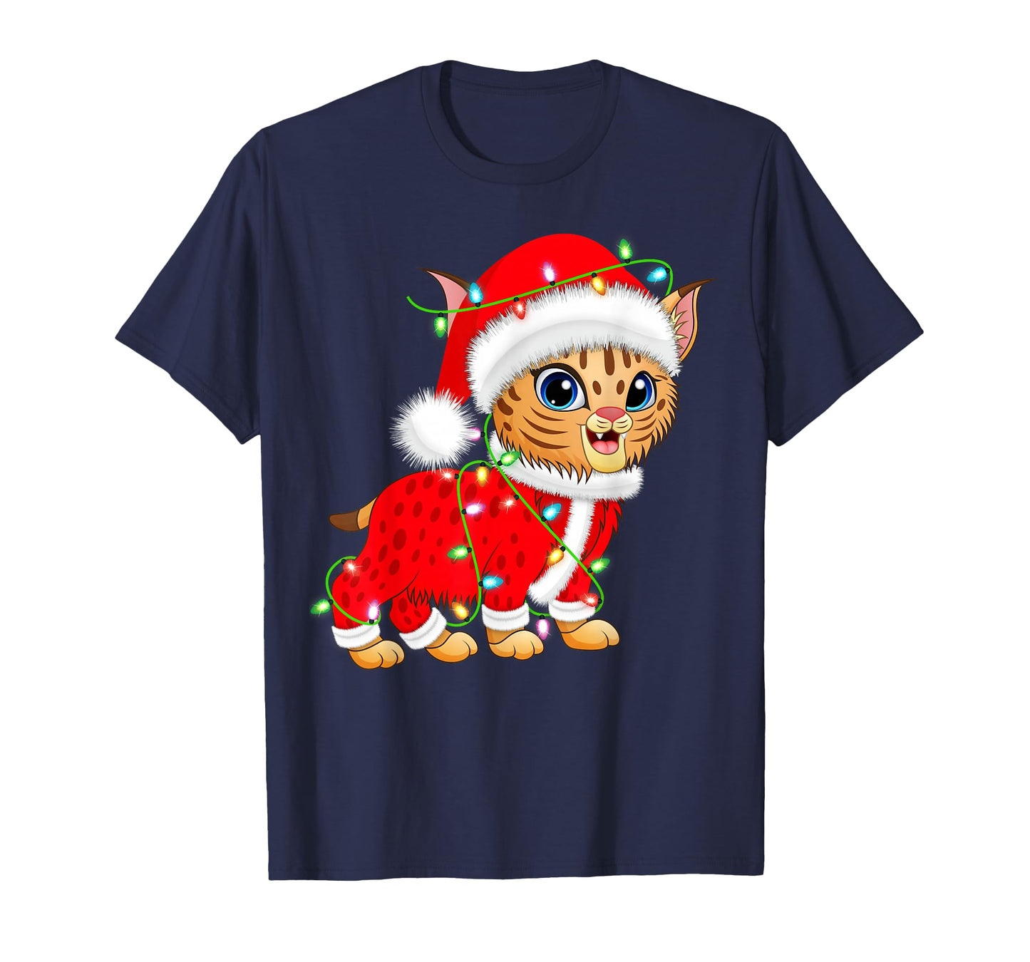 Bobcat Lynx Christmas Lights Santa Costume Cute Animal Xmas T-Shirt