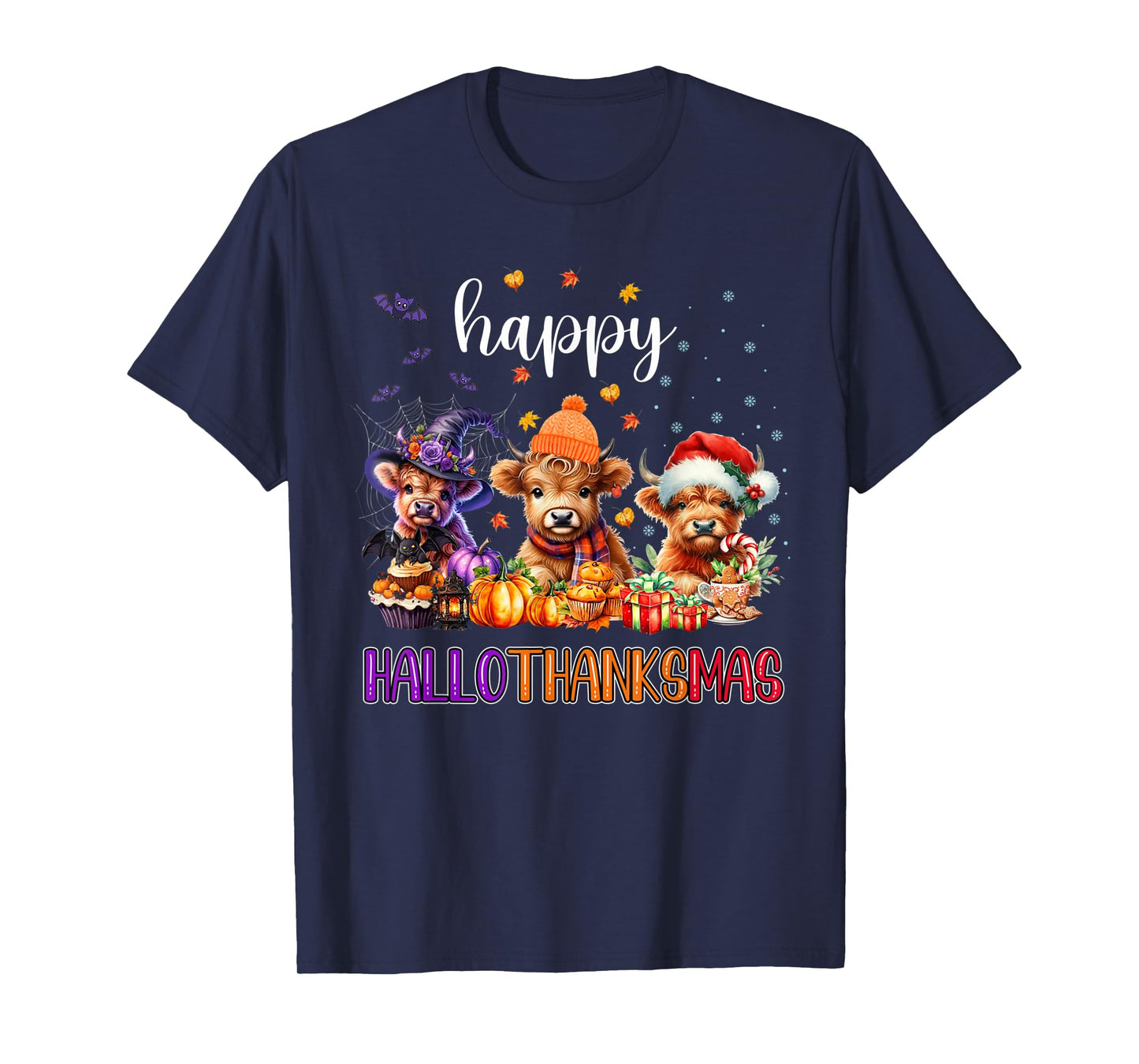 Happy Hallothanksmas Highland Cow Halloween Thanksgiving T-Shirt