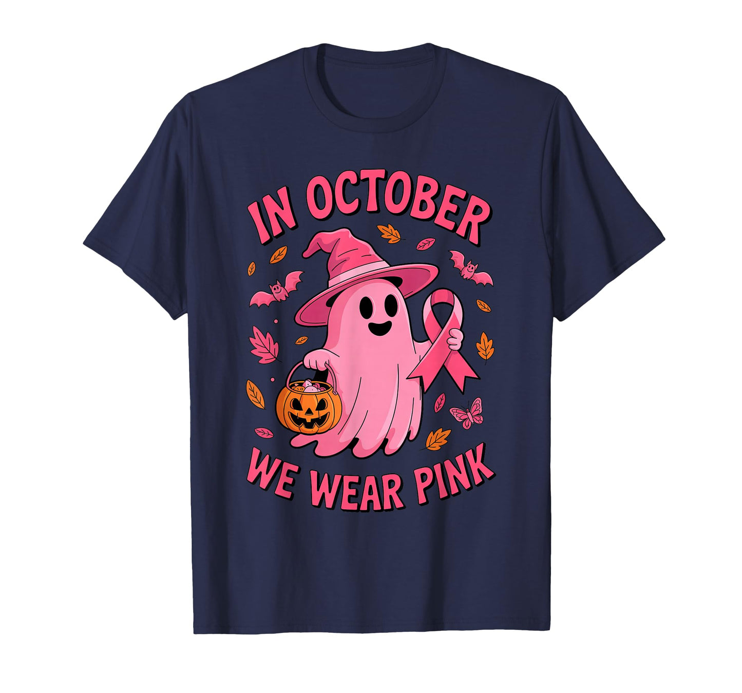 in October We Wear Pink Ribbon Ghost Halloween Breast Cancer T-Shirt