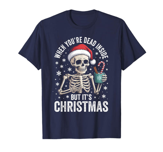 Dead Inside But It's Christmas Skeleton Coffee Santa Hat T-Shirt