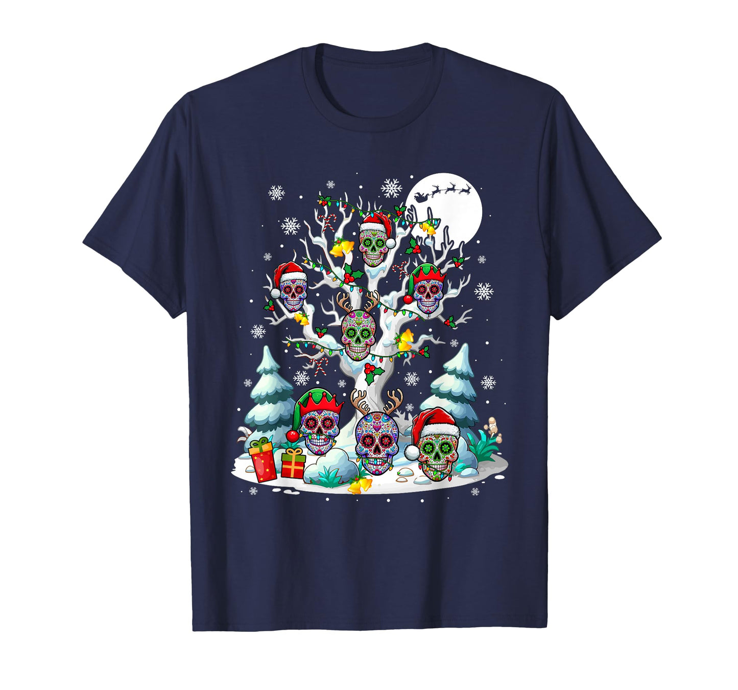 Group Santa Floral Skulls On Xmas Tree Snow Colorful Lights T-Shirt