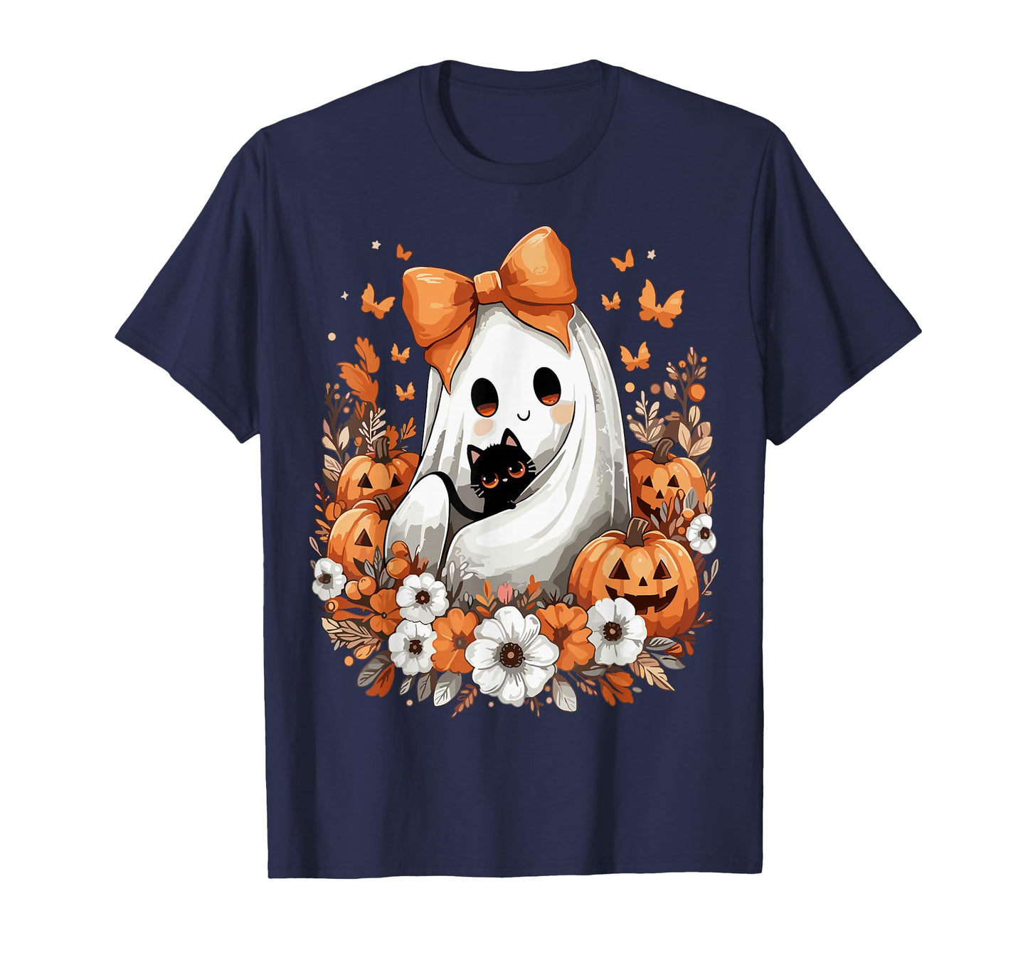 Halloween Vintage Ghost with Black Cat Pumpkin Flowers T-Shirt