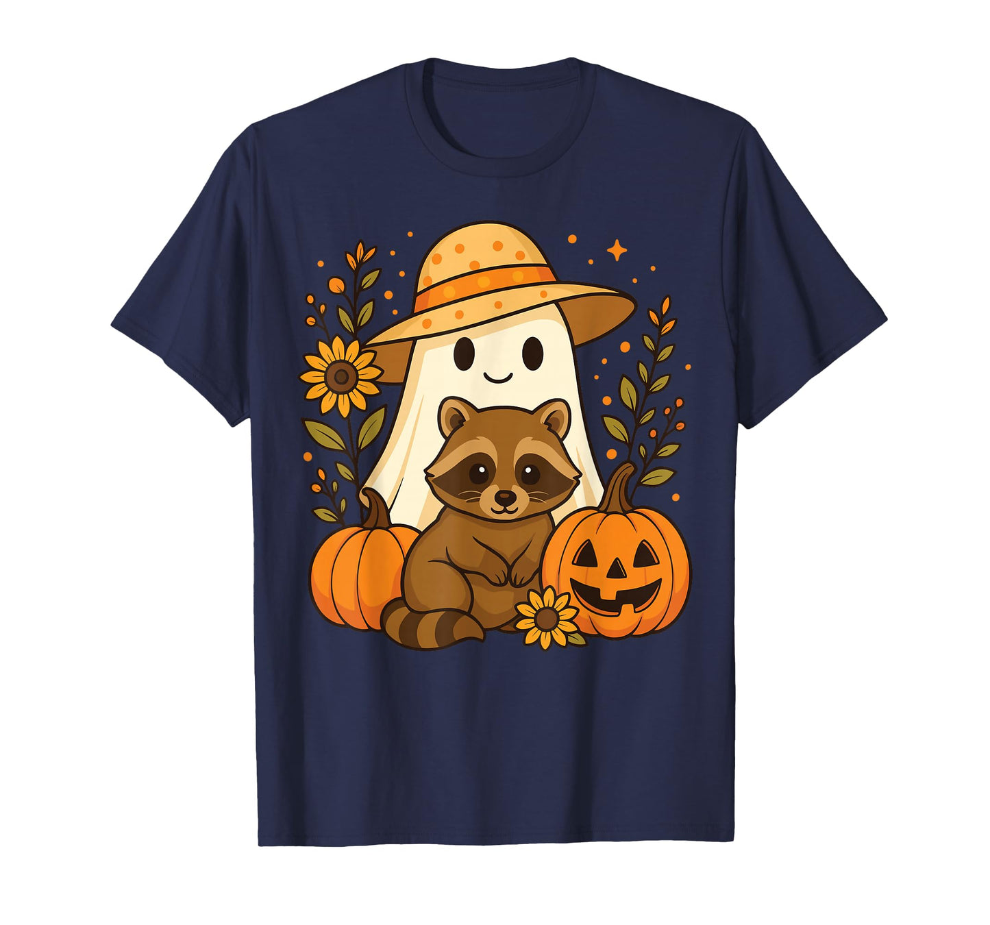 Vintage Halloween Ghost Holding Raccoon Groovy Floral Fall T-Shirt