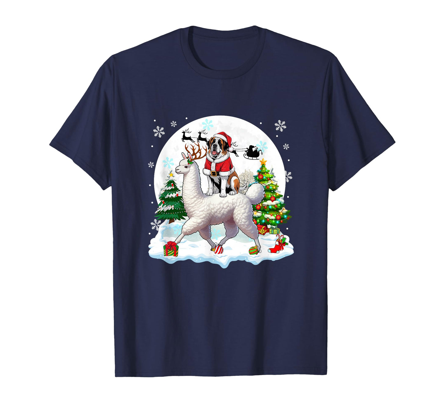 Santa St. Bernard Riding Llama Reindeer Christmas Owner Kids T-Shirt