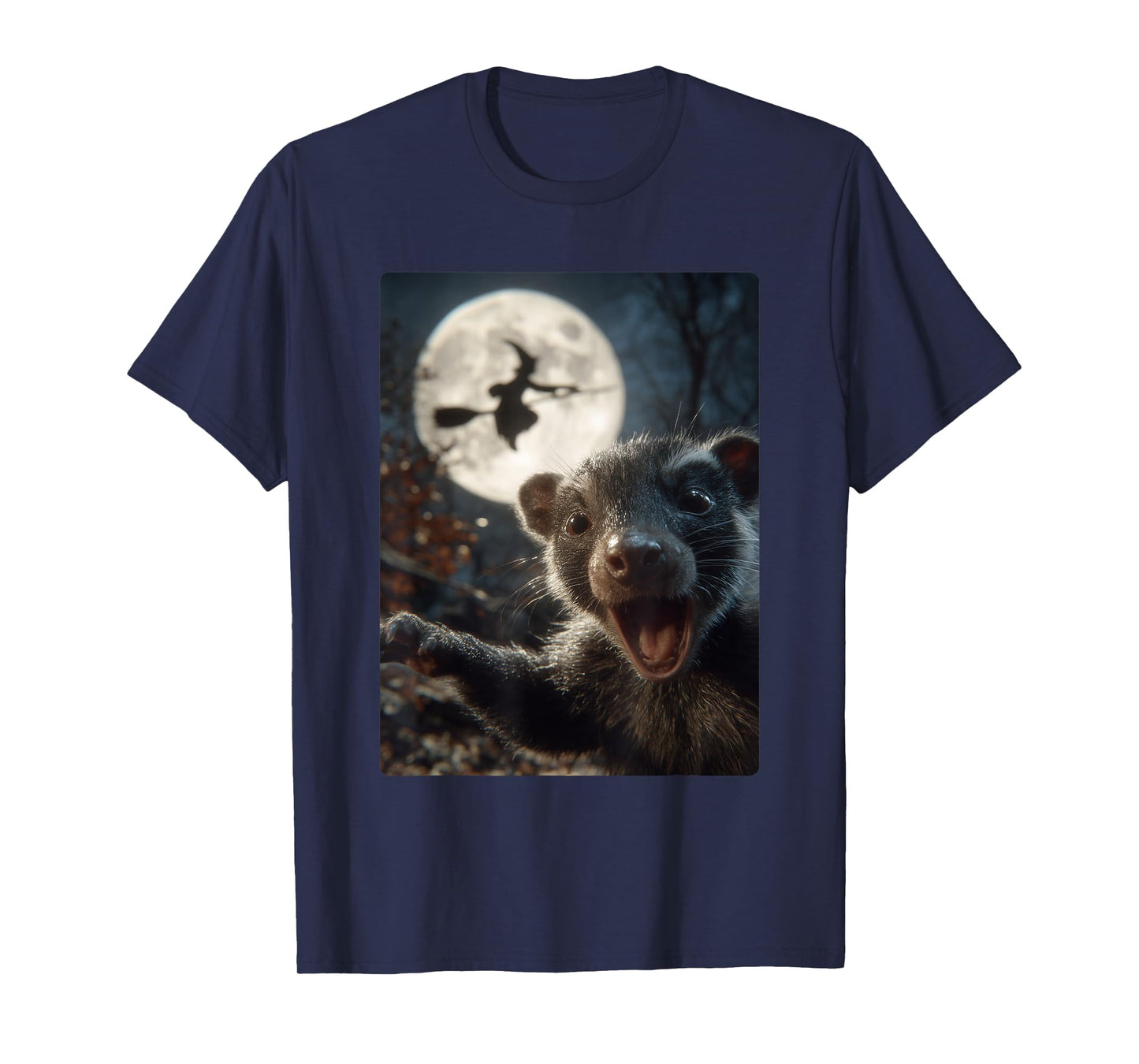 Funny Skunk Selfie Full Moon Flying Witch Forest Halloween T-Shirt