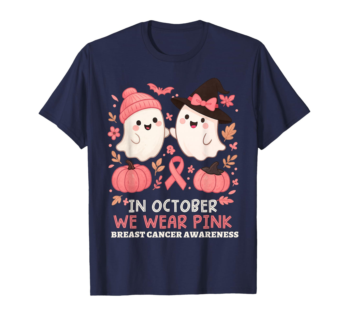 in October We Wear Pink Ghost Witch Breast Cancer Awareness T-Shirt