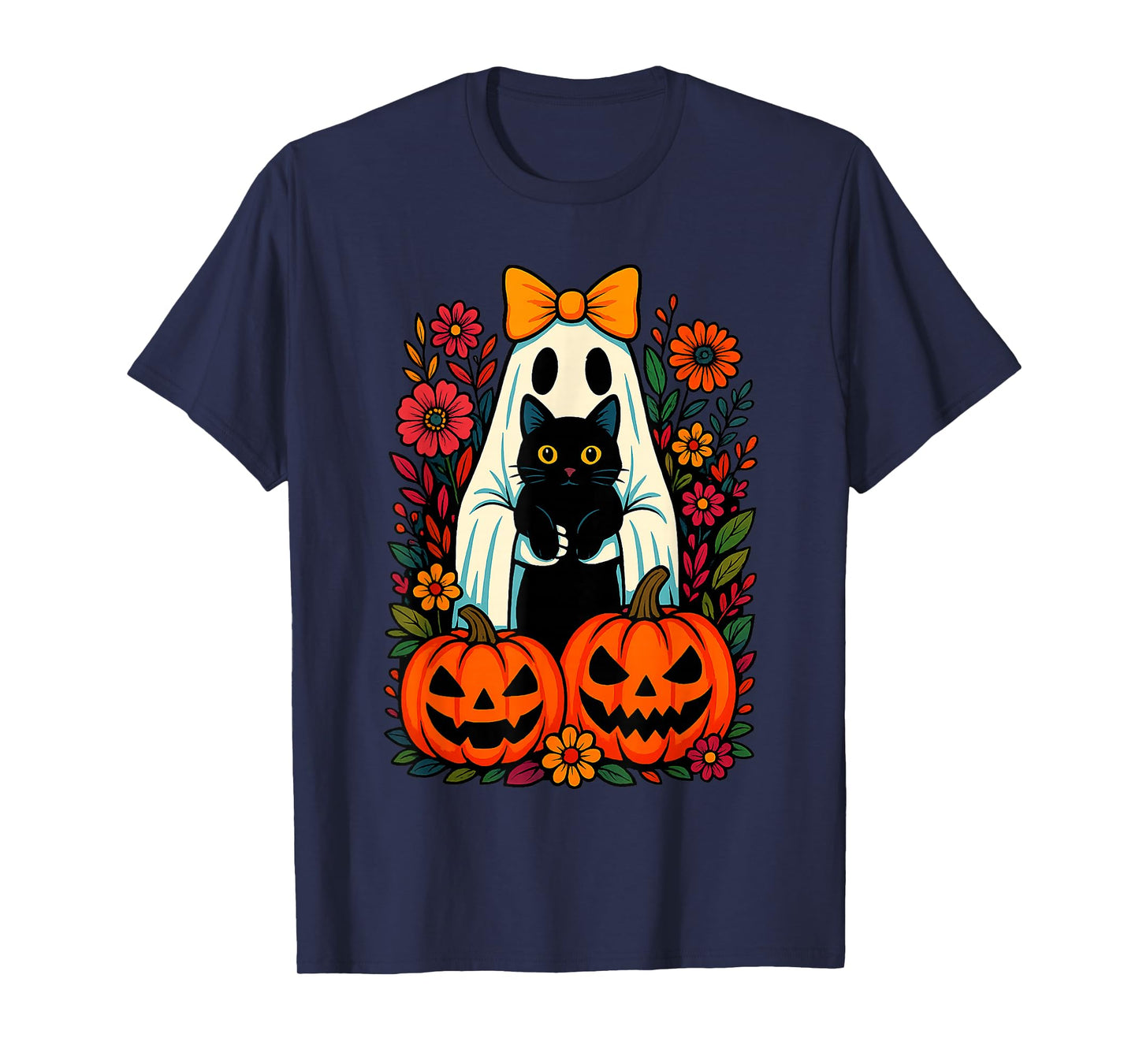 Retro Halloween Ghost Holding Black Cat Groovy Floral T-Shirt