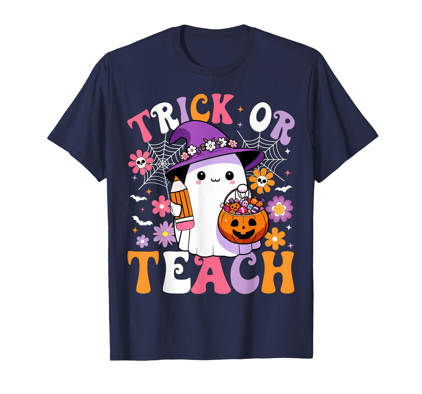 Trick Or Teach Groovy Teacher Ghost Funny Halloween Teacher T-Shirt