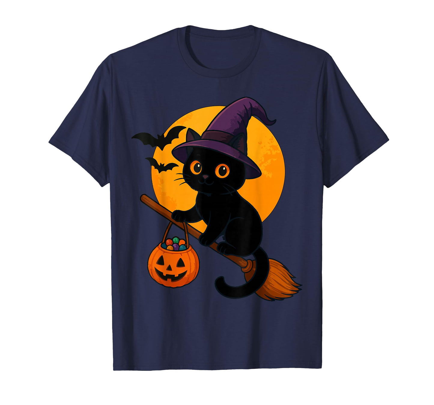 Cute Black Cat Witch on Broom Halloween Costume Moon Pumpkin T-Shirt
