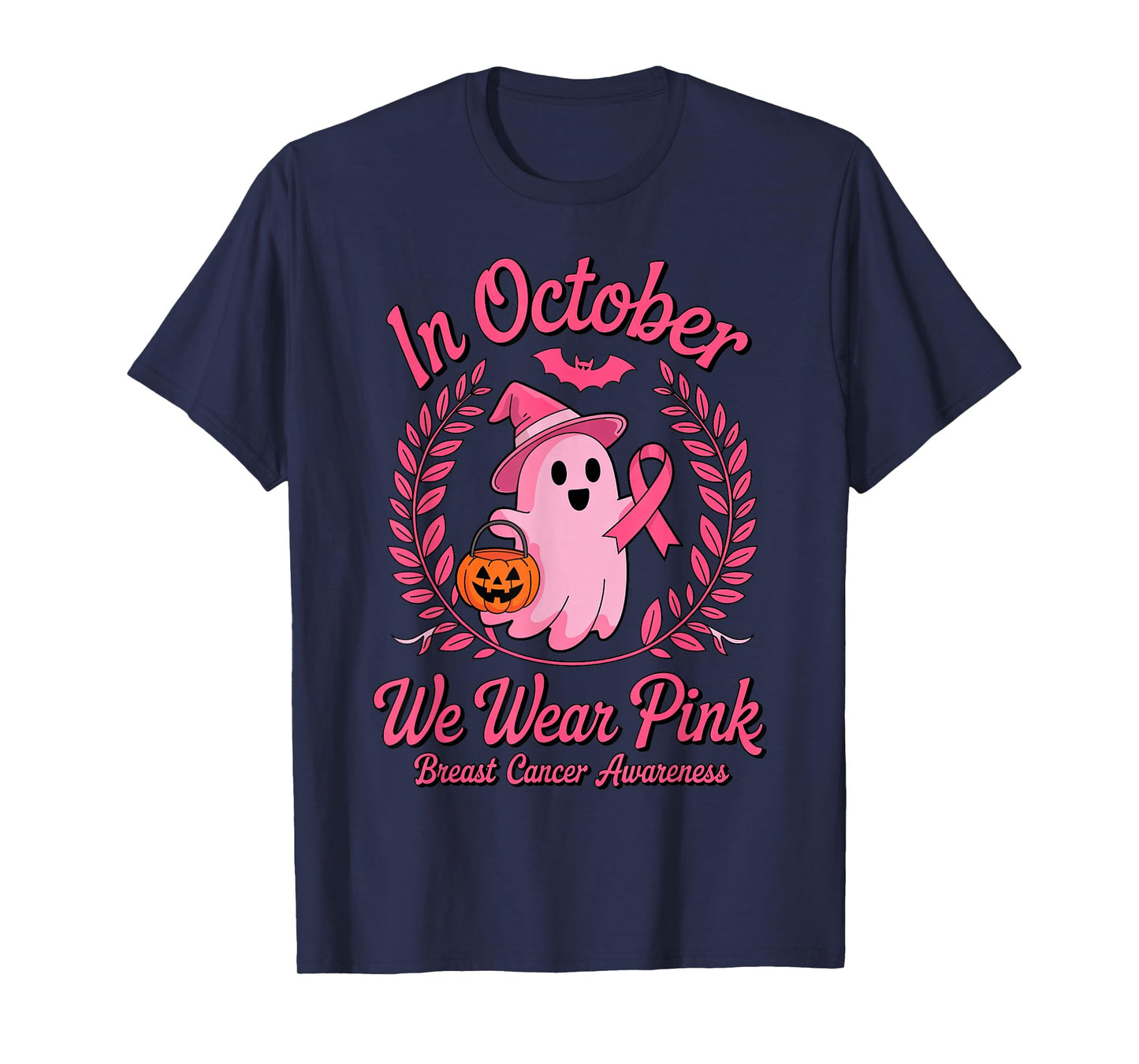 in October We Wear Pink Halloween Ghost Witch Breast Cancer T-Shirt