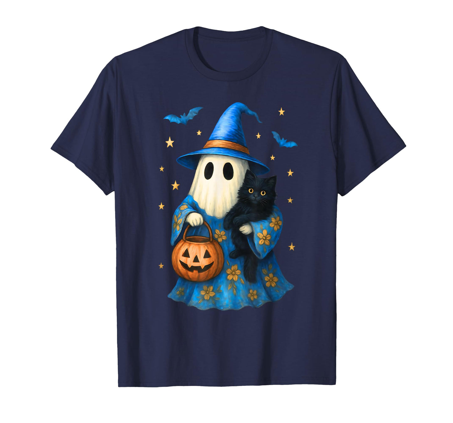 Vintage Halloween Ghost Holding Black Cat Groovy Floral T-Shirt