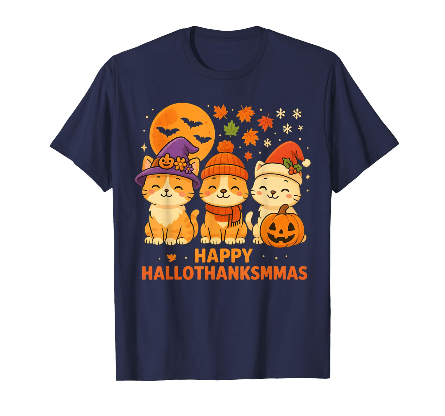 Halloween Thanksgiving Christmas Happy HalloThanksMas Cats T-Shirt