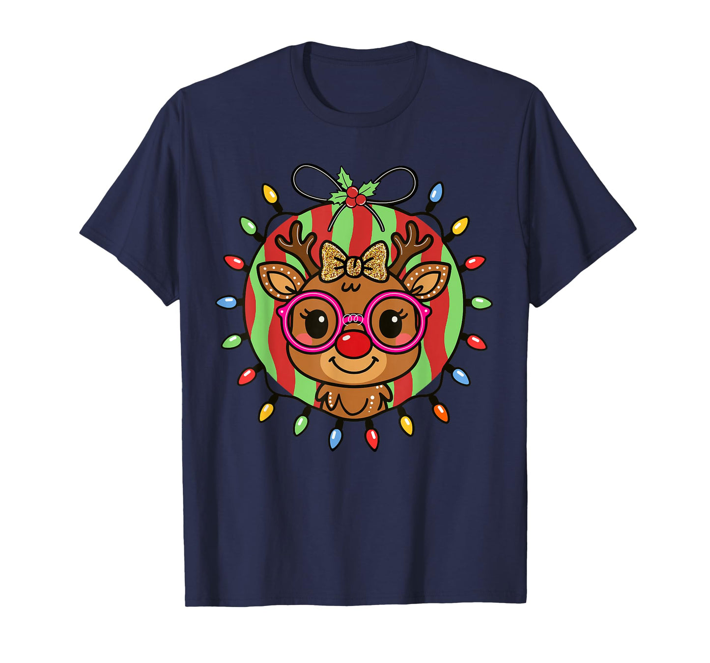 Cute Girls Women Reindeer Christmas Santa Glasses Family tee T-Shirt