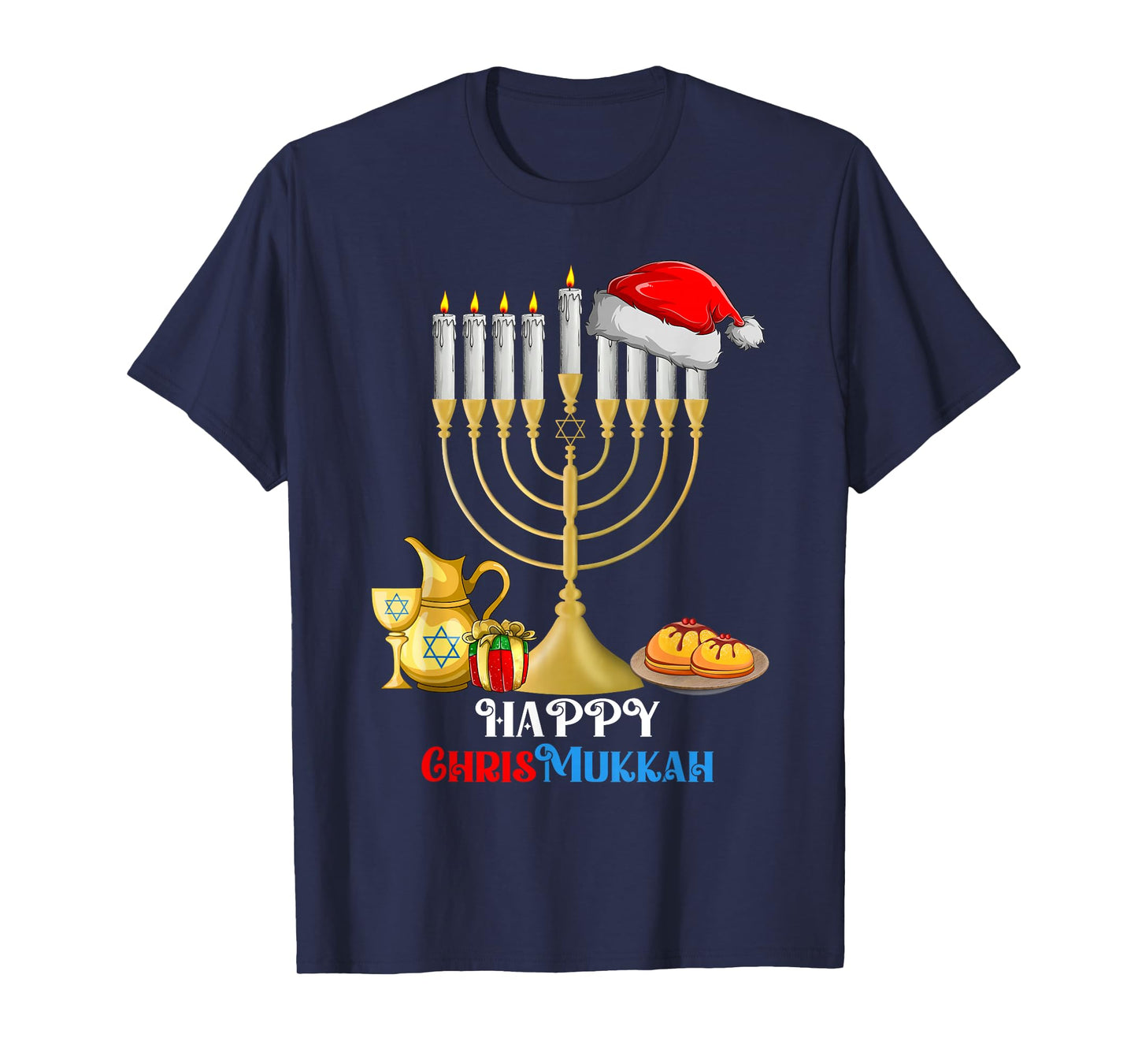 Happy Chrismukkah Menorah Santa Hat Christmas Hanukkah T-Shirt