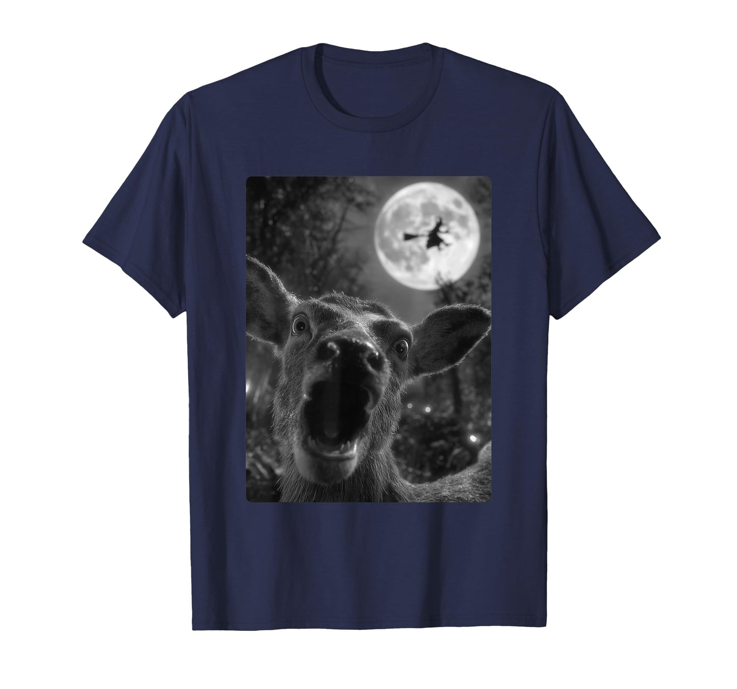 Funny Deer Selfie Full Moon Flying Witch Forest Halloween T-Shirt