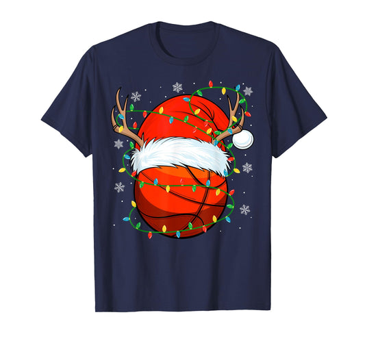 Santa Basketball Ball Xmas Lights Christmas Basketball T-Shirt