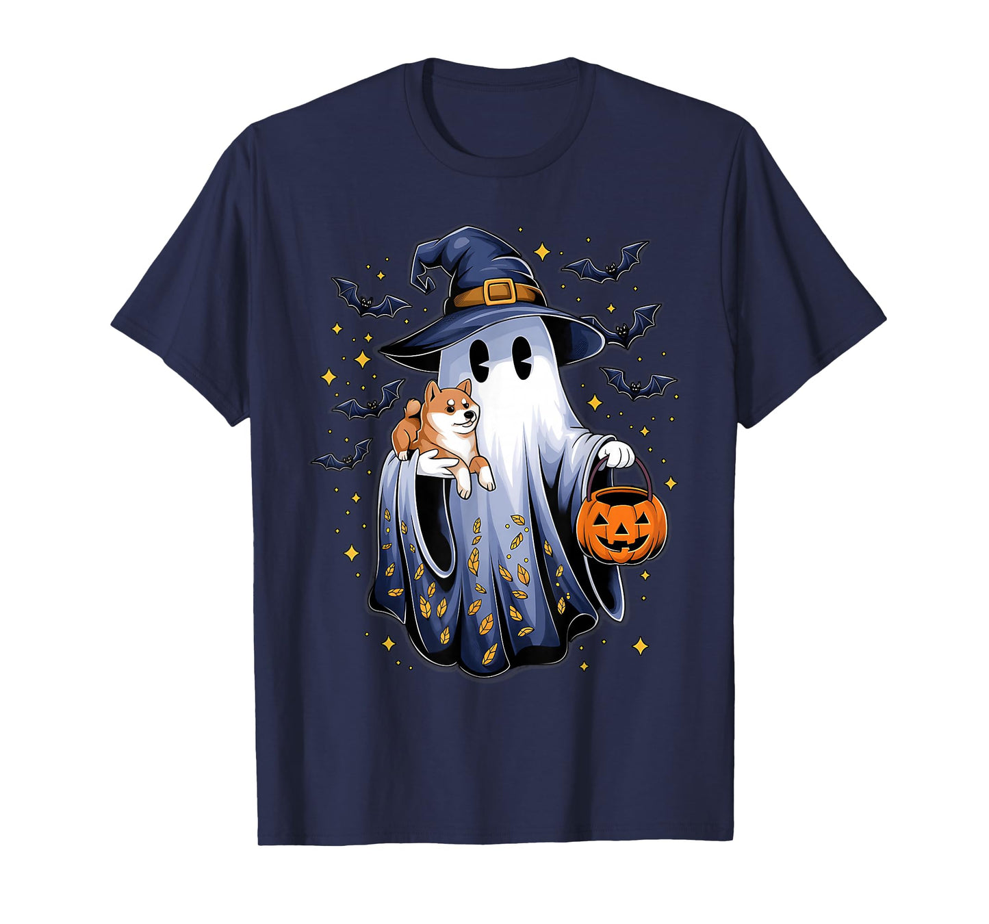 Ghost Witch Holding Shiba Inu Dog Pumpkins Vintage Halloween T-Shirt